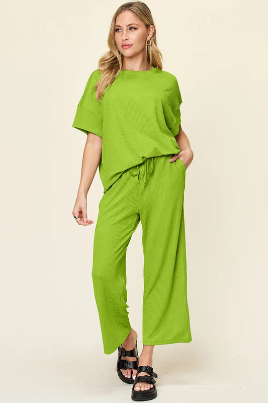 Double Take Full Size Texture Round Neck Short Sleeve T-Shirt and Wide Leg Pants Lime