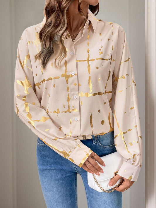 Perfee Printed Collared Neck Long Sleeve Shirt Tan