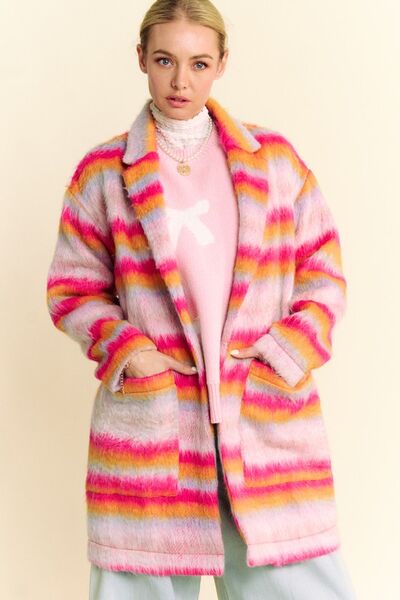 Davi & Dani Contrast Striped Open Front Coat with Pockets Pink Orange