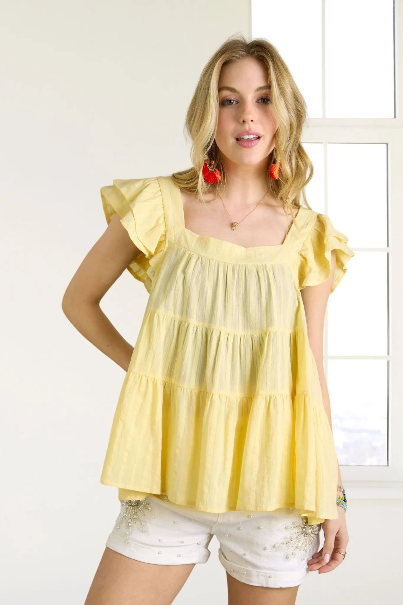 ADORA Ruffle Sleeve Babydoll Tunic Top