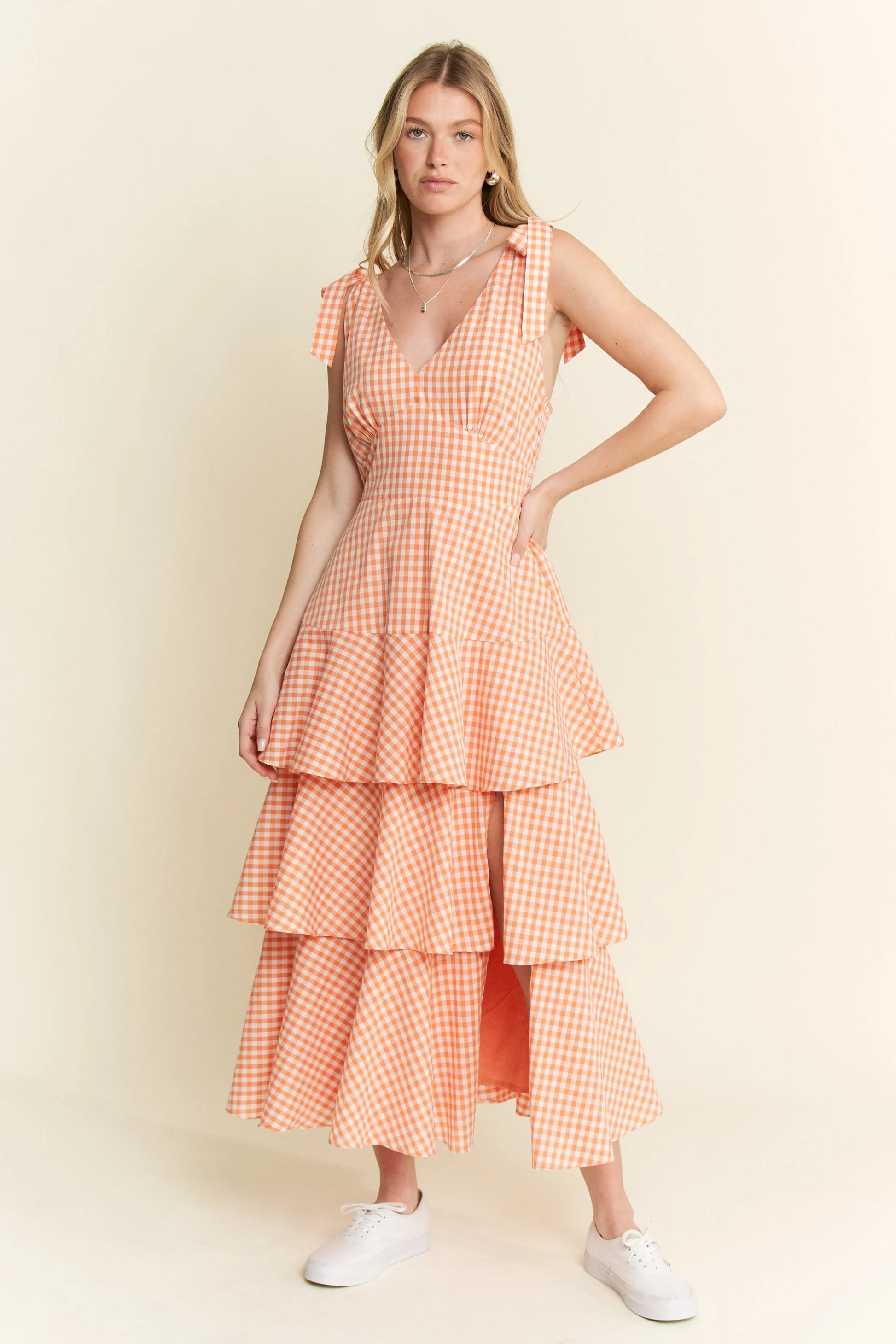 Jade By Jane Sleeveless Gingham Print Tiered Midi Dress
