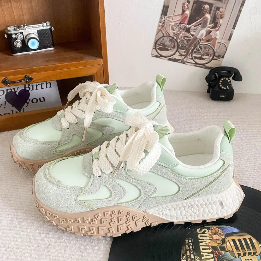 Round Toe Lace Up Platform Athletic Sneakers Light Green