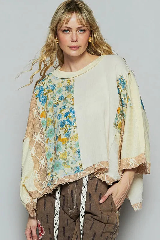 POL Floral Lace Patch Round Neck Double Gauze Top NATURAL