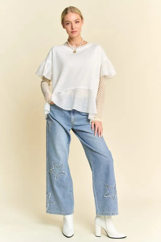 Davi & Dani Waffle Knit Bodice Ruffle Bottom Detail Top