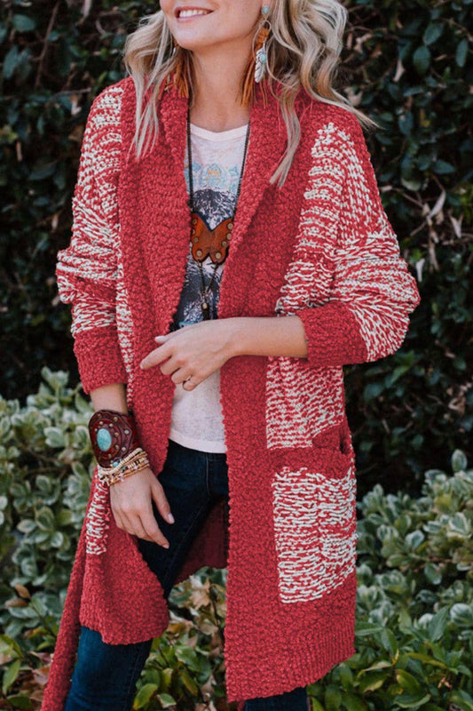 Contrast Trim Open Front Longline Cardigan Deep Red