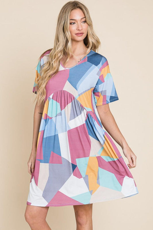 BOMBOM Ruched Color Block Short Sleeve Dress Multicolor