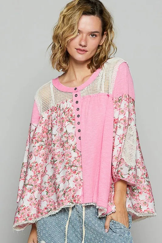 POL Washed Floral Print Crochet Detail Top Fuchsia Pink