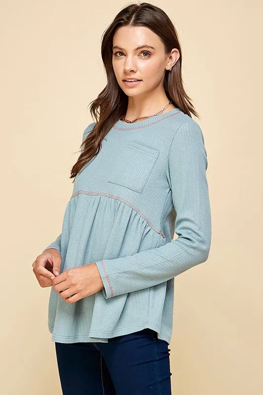 Lime 'N' Chili Waffle Knit Babydoll Top with Left Pocket Detail