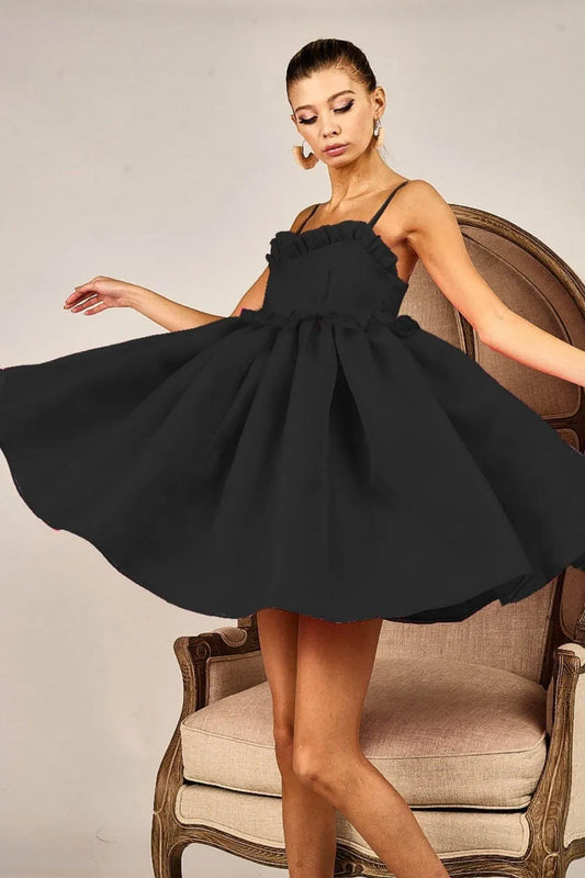 BiBi Ruffled Edge Sweet Heart Neck Sleeveless Tulle Dress BLACK