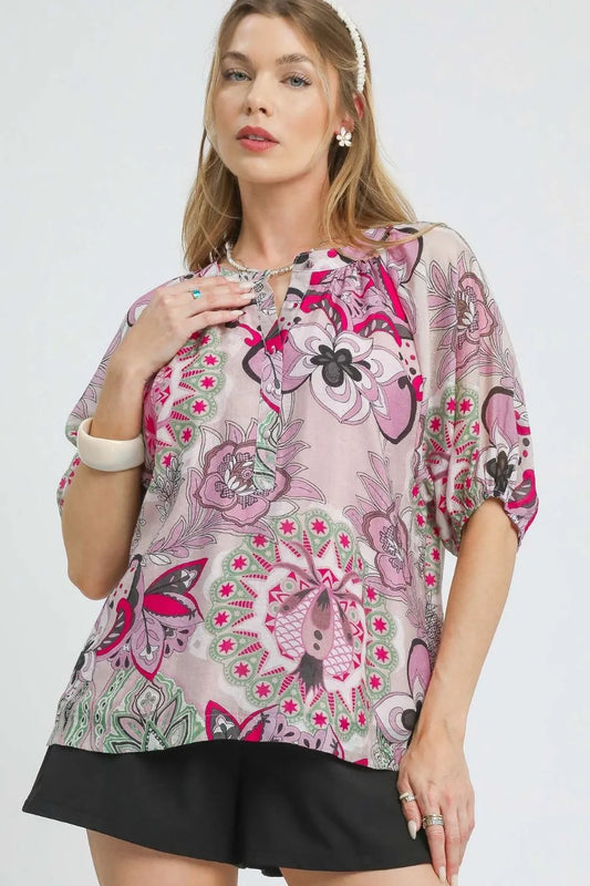 Umgee Floral Print Half Sleeve Blouse Blush Pink