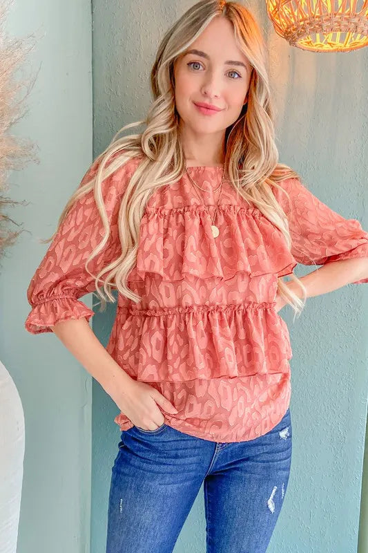 And The Why Leopard Tiered Ruffle Blouse Top
