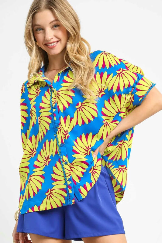 Umgee Printed Button-Up Relaxed Shirt Sky Blue
