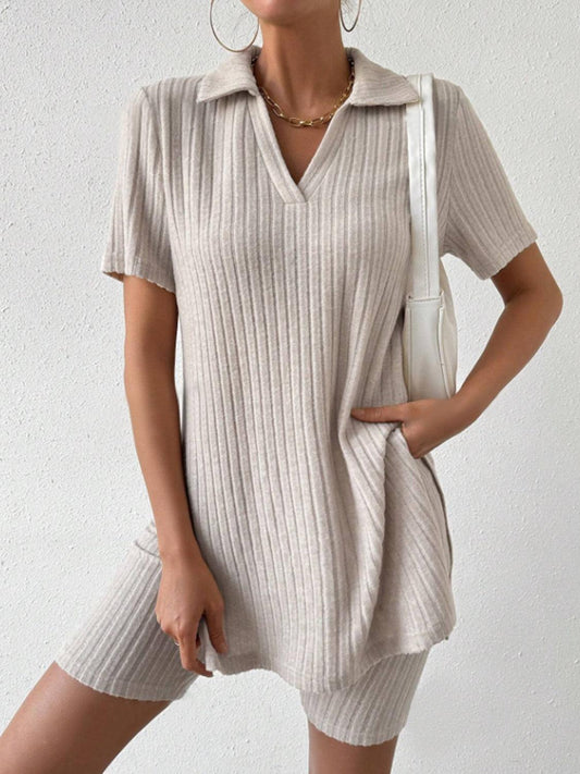 Johnny Collar Short Sleeve Top and Shorts Set Dust Storm