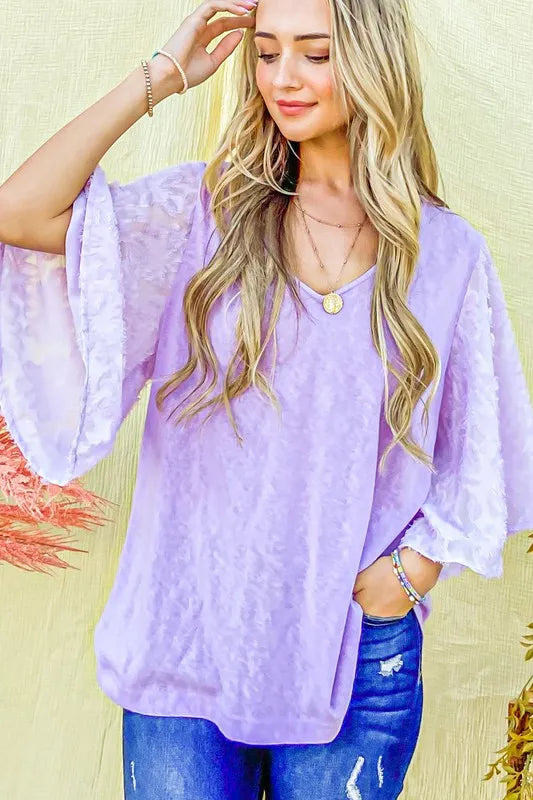 And The Why Feather Detailed 3/4 Sleeve Slub Top
