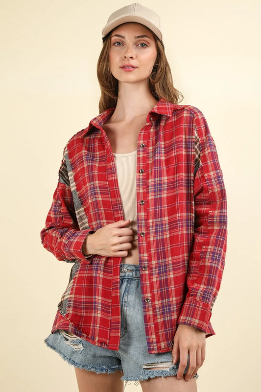 VERY J Contrast Plaid Raw Detail Shirt Red