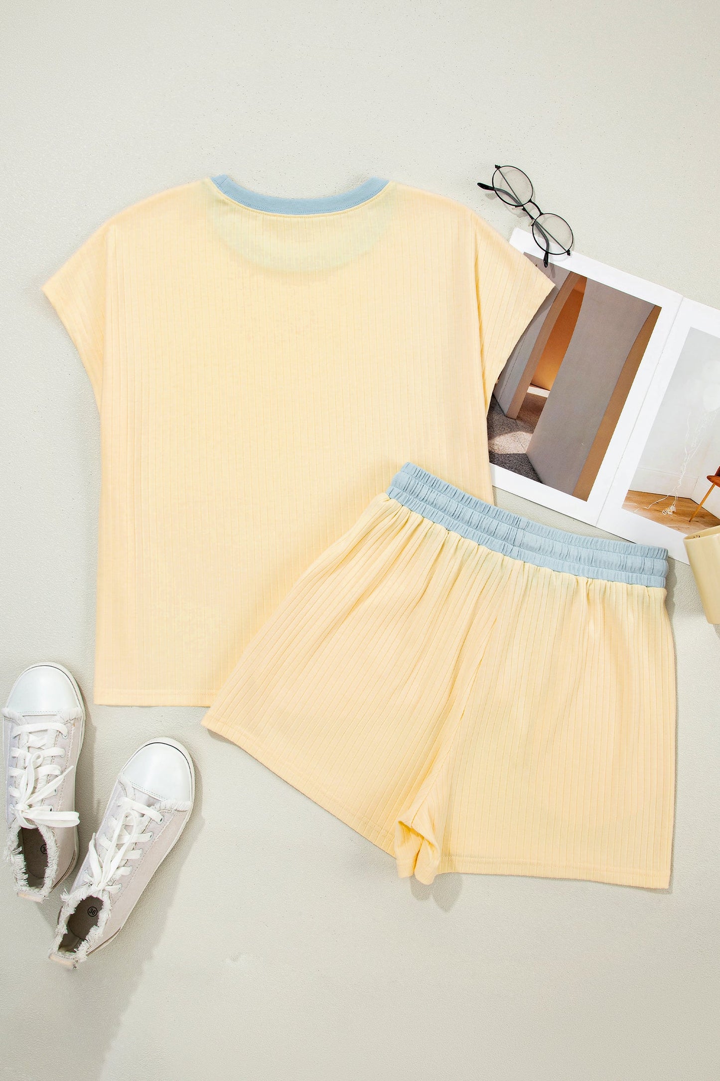 Colorblock Trim Ribbed Top & Shorts Set