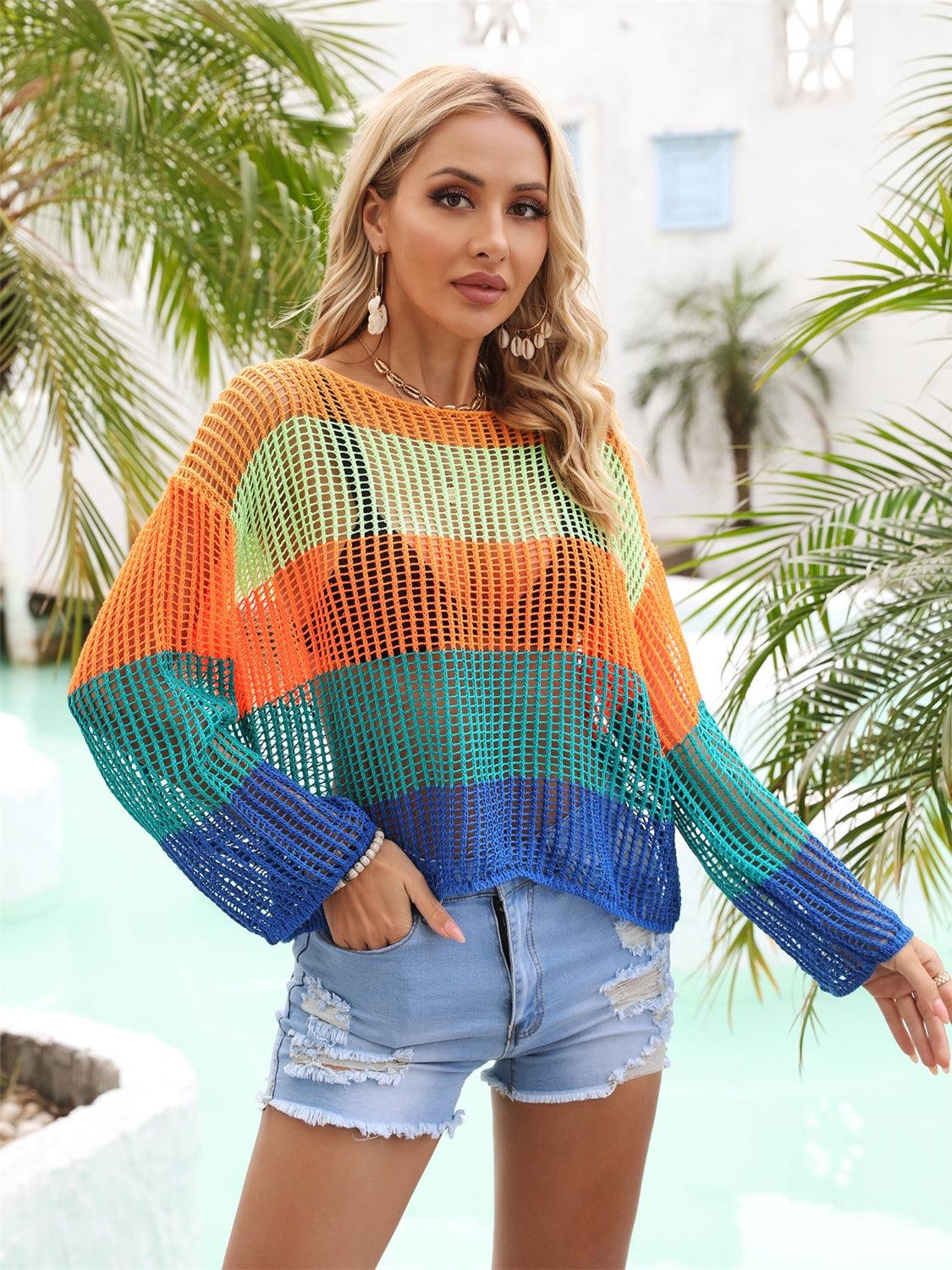 Color Block Openwork Boat Neck Cover Up Turquoise