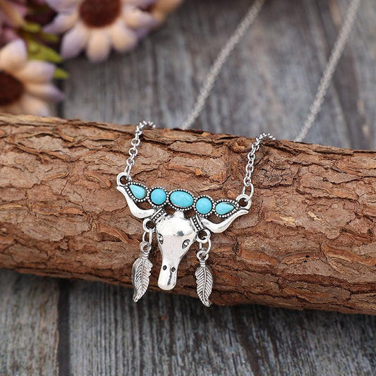 Artificial Turquoise Cow Shape Necklace Silver One Size