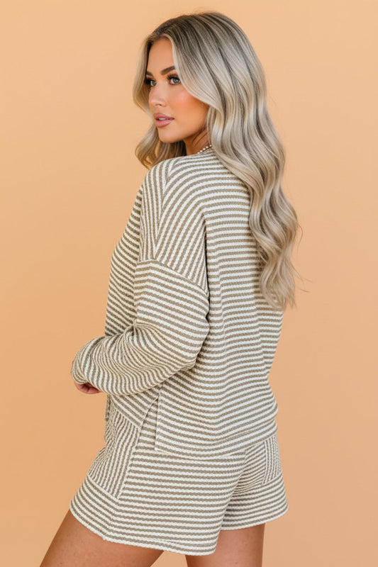 Stripe Long Sleeve Textured Knit Top & Drawstring Shorts Set