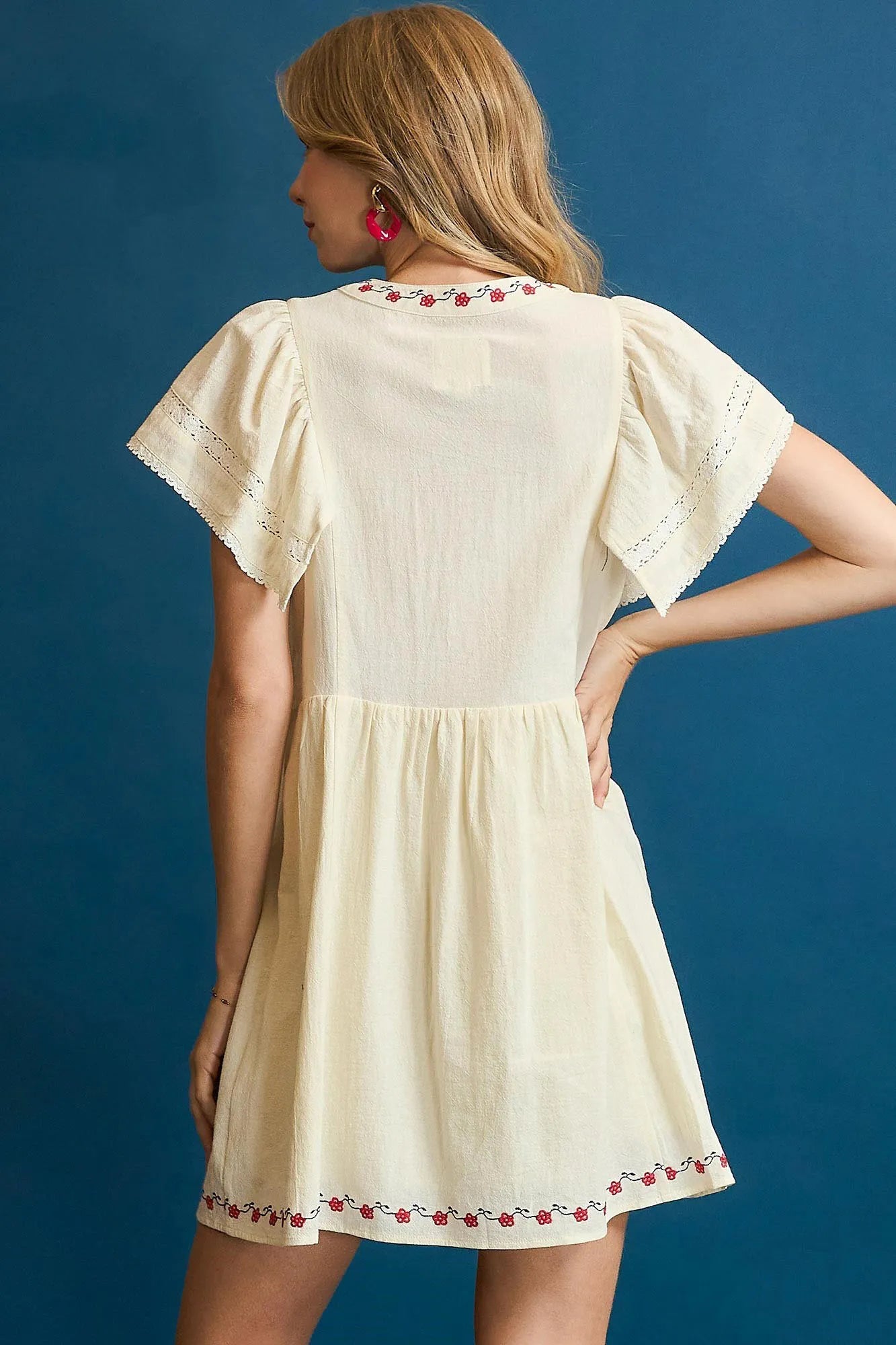 Umgee Embroidered Floral Flutter Sleeve Mini Dress