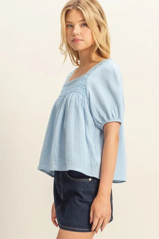 HYFVE Crochet Detail Puff Sleeve Peasant Top