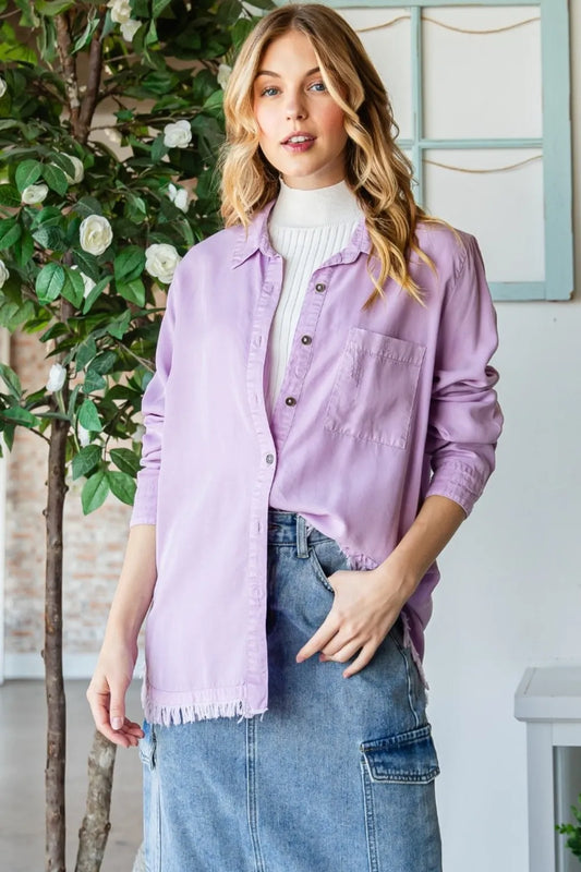 Veveret Raw Hem Button Up Long Sleeve Shirt LAVENDER