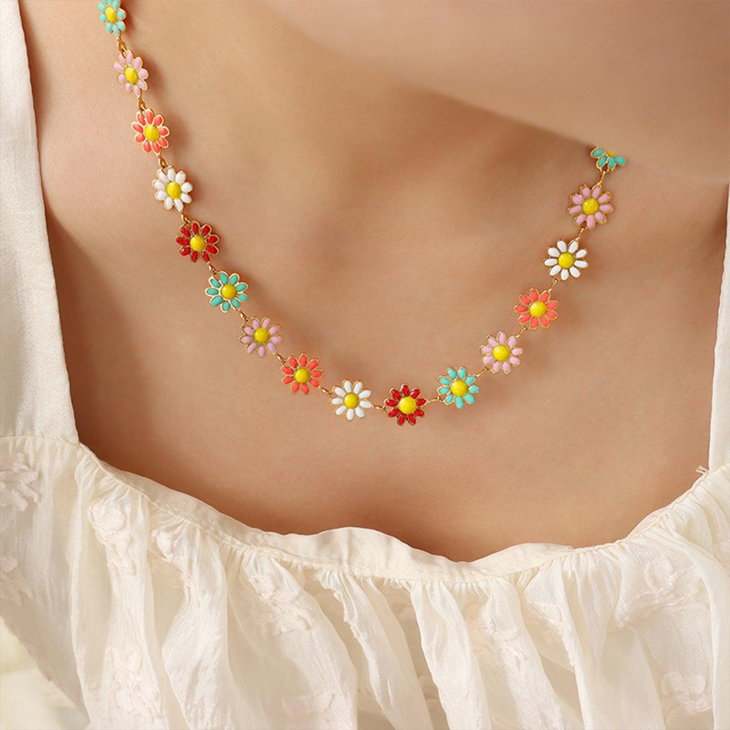 Titanium Steel Oil Drip Flower Necklace Gold One Size