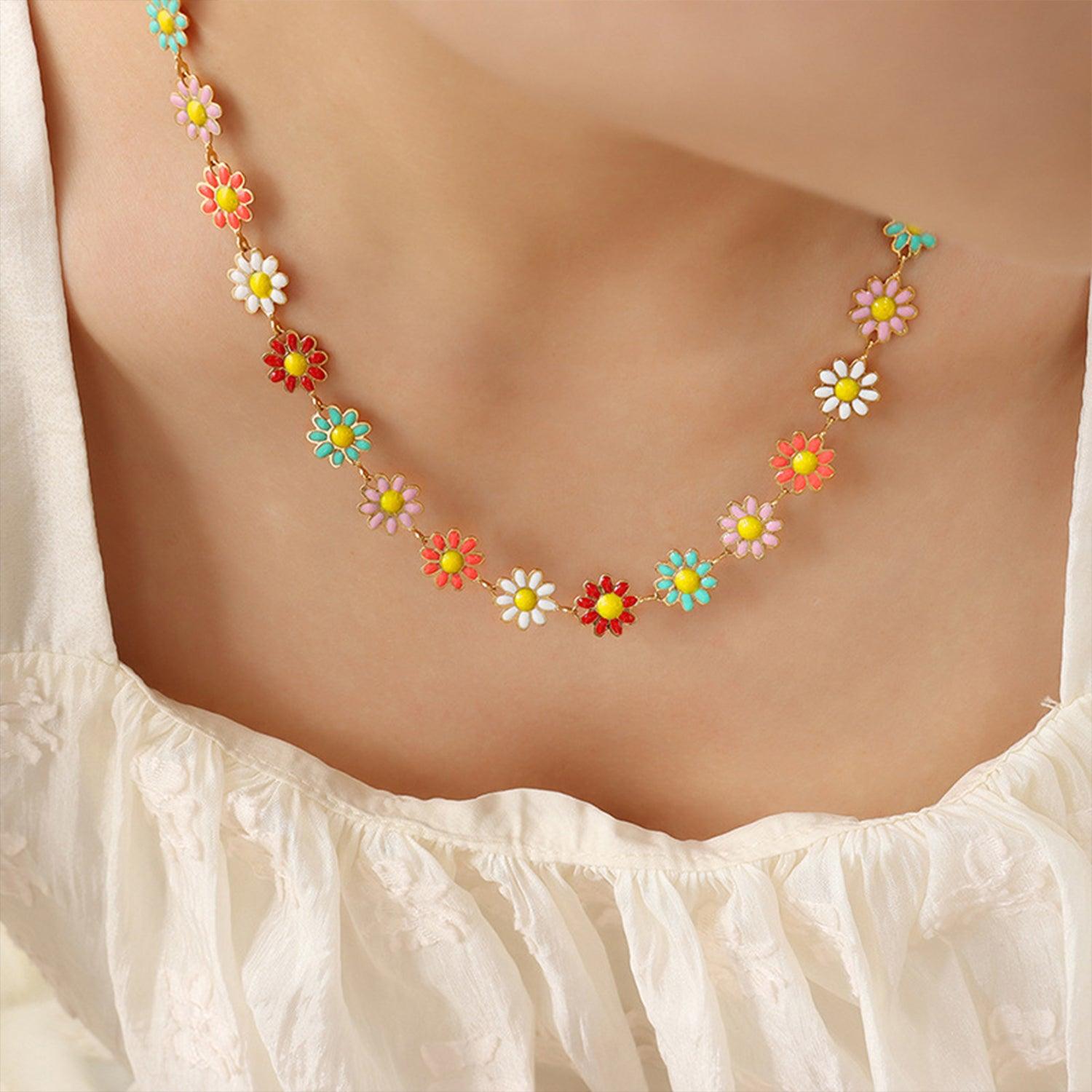 Titanium Steel Oil Drip Flower Necklace Gold One Size