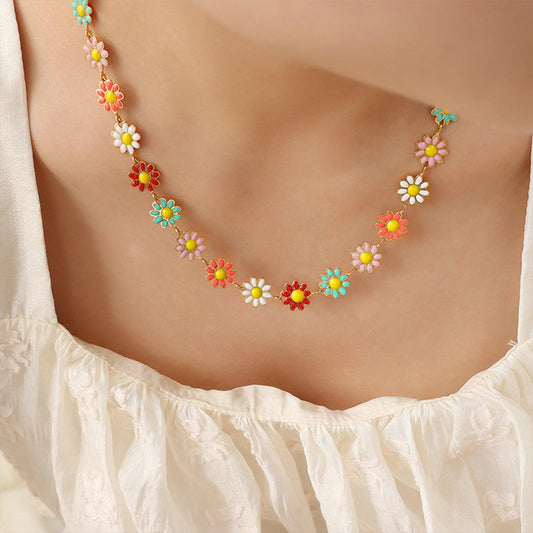 Titanium Steel Oil Drip Flower Necklace Gold One Size