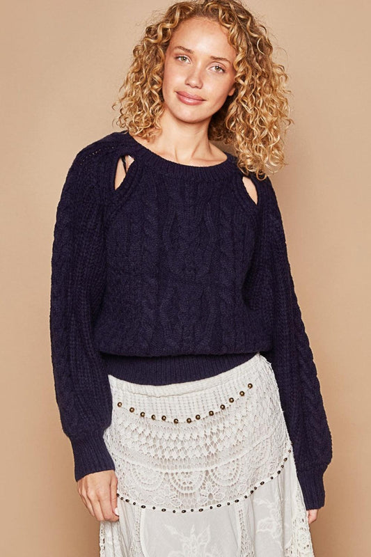 POL Cable Knit Cutout Long Sleeve Sweater Navy