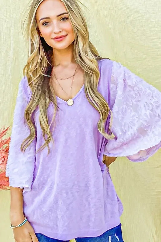 And The Why Feather Detailed 3/4 Sleeve Slub Top