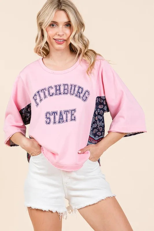 Lime 'N' Chili Fitchburg State Graphic Contrast Half Sleeve Top