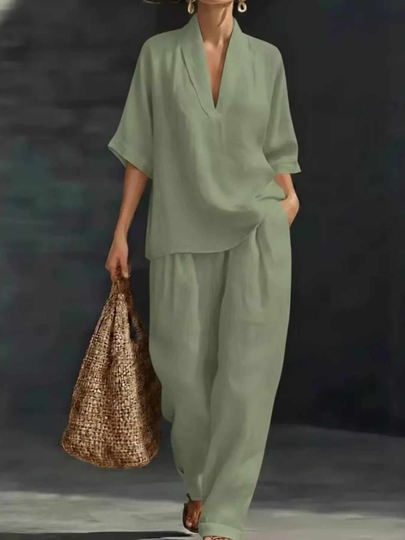 Full Size Half Sleeve Top and Wide Leg Pants Set Plus Size