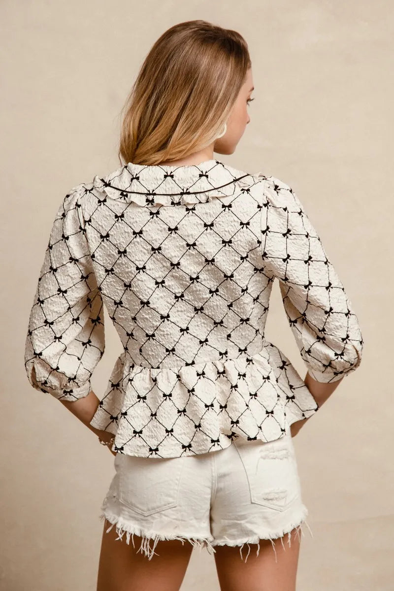 BiBi Bow Prints-patterns Ruffle Collar Details Peplum Top
