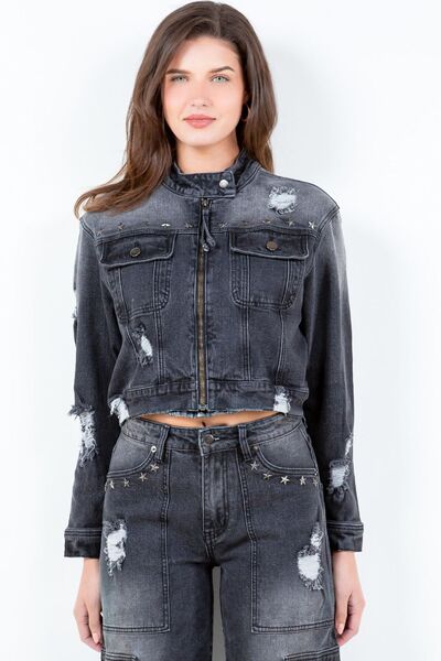 American Bazi Full Size Distressed Star Stud Trim Denim Rider Jacket Plus Size Black