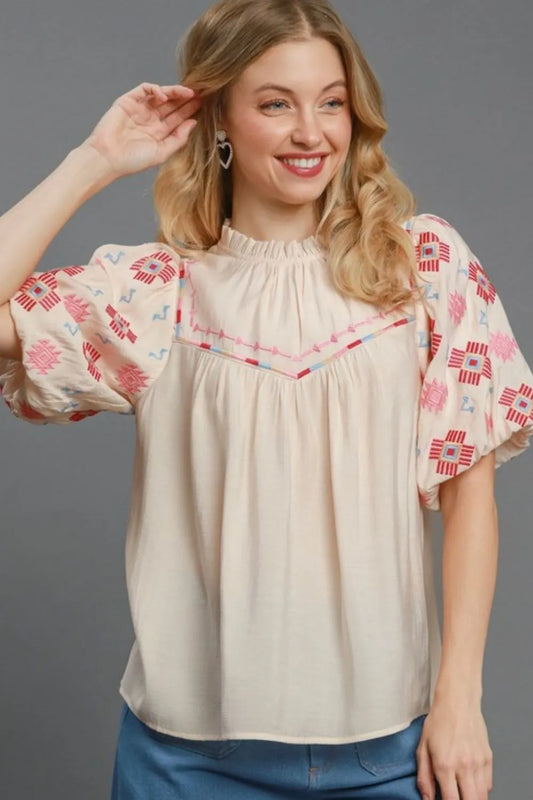 Umgee Full Size Embroidered Puff Sleeve Mock Neck Top Plus Size Cream