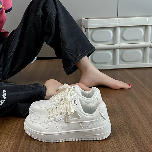 Lace Up Round Toe Platform Sneakers Beige