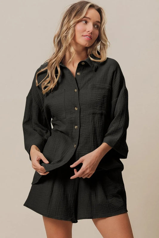 BiBi Crinkle Gauze Shirt and Short Set BLACK