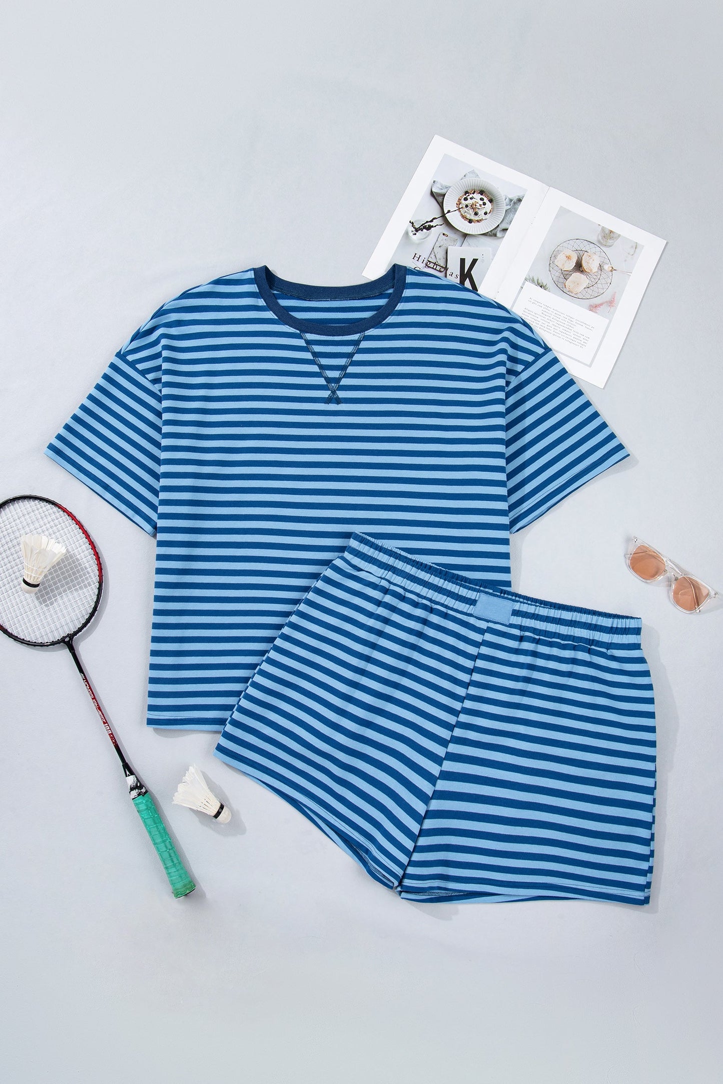 Plus Size Stripe Dropped Shoulder Tee & Shorts Set