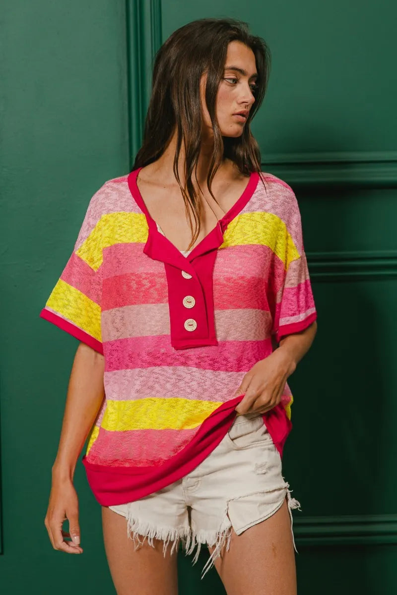 BiBi Multi Color Stripe Hacci Button Detail Ringer Top