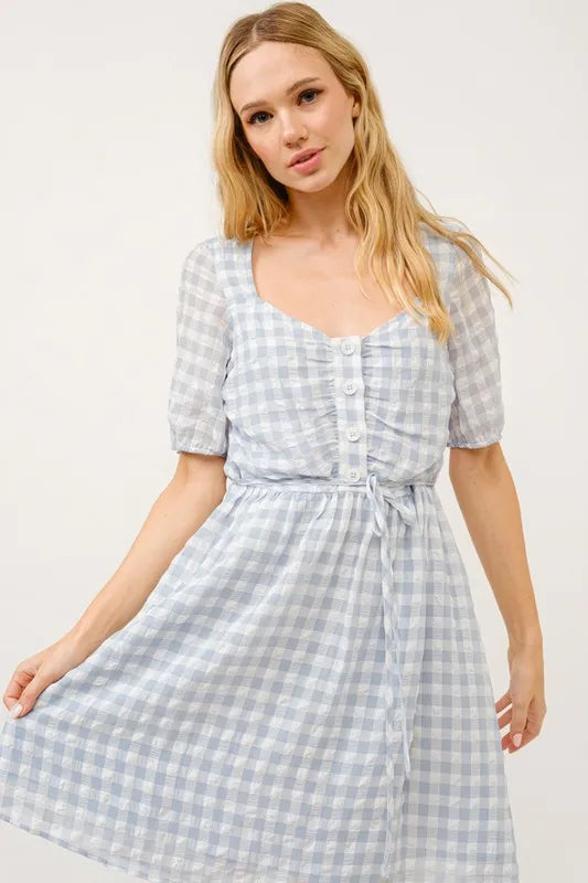 And The Why Puff Sleeve Ruched Button Front Gingham Dress Baby Blue