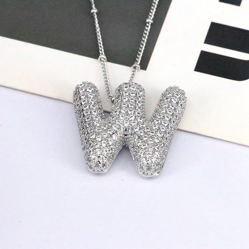Copper Inlaid Zircon Letter Pendant Necklace Style W One Size
