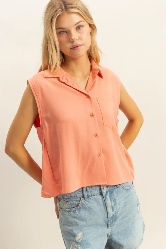 HYFVE Buttoned Front Sleeveless Collar Shirt L.ORANGE
