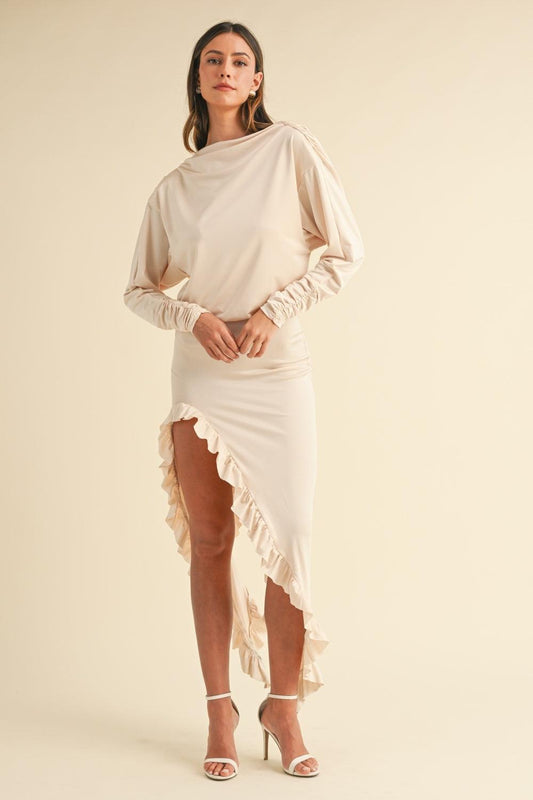 Mable Backless Asymmetric Ruffle Hem Dress Cream