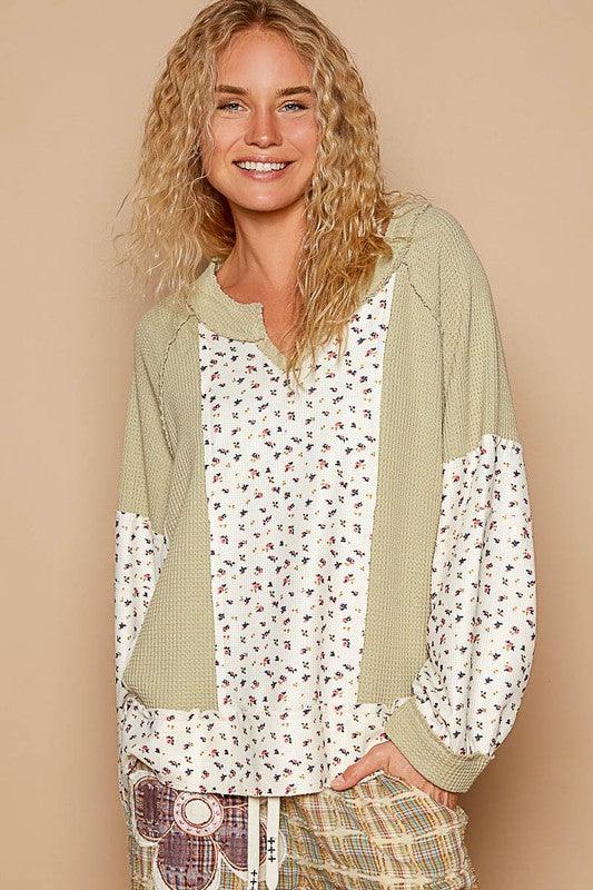 POL Waffle Knit Floral Notched Long Sleeve Top Sage