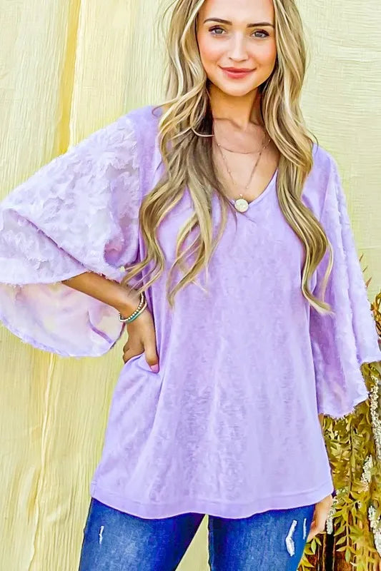And The Why Feather Detailed 3/4 Sleeve Slub Top LILAC