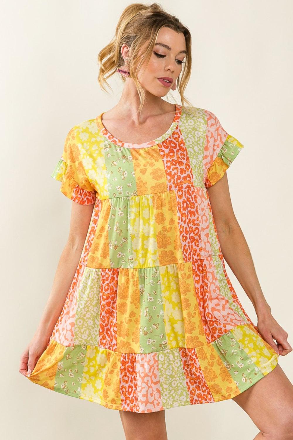 BiBi Leopard Short Sleeve Tiered Dress Orange Lime