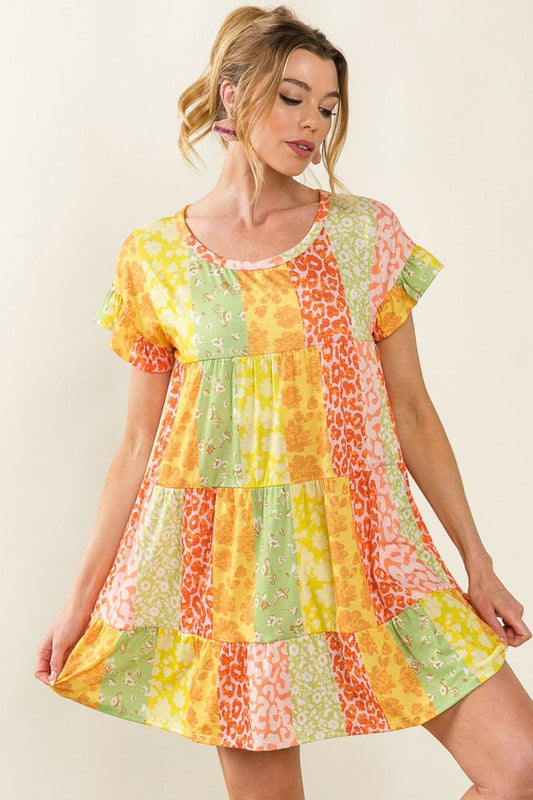 BiBi Leopard Short Sleeve Tiered Dress Orange Lime