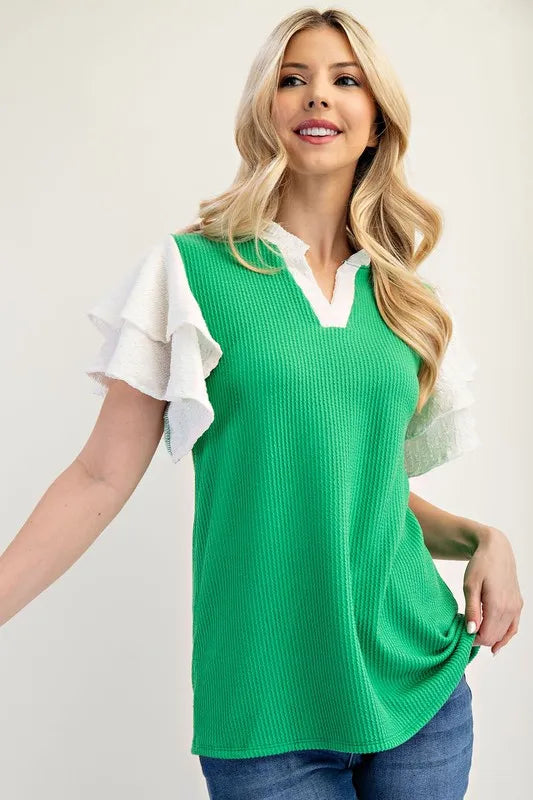 Celeste Full Size Solid Color Top with Ruffle Layered Sleeves Plus Size