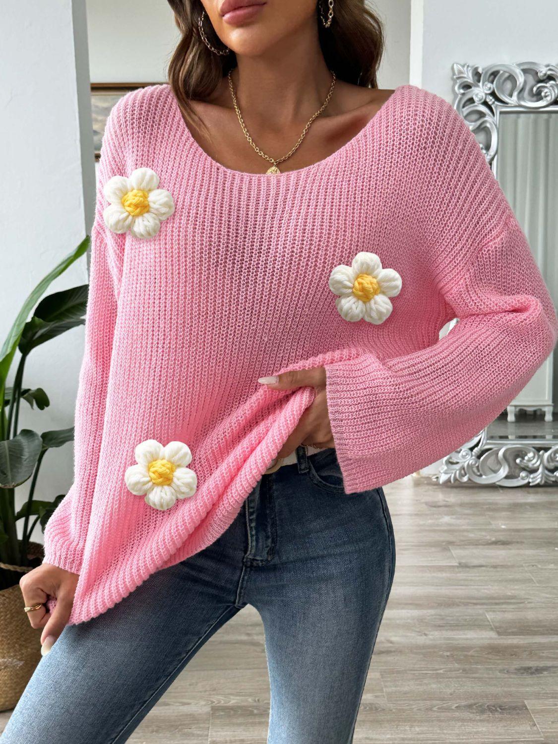 Flower Round Neck Long Sleeve Sweater Dusty Pink